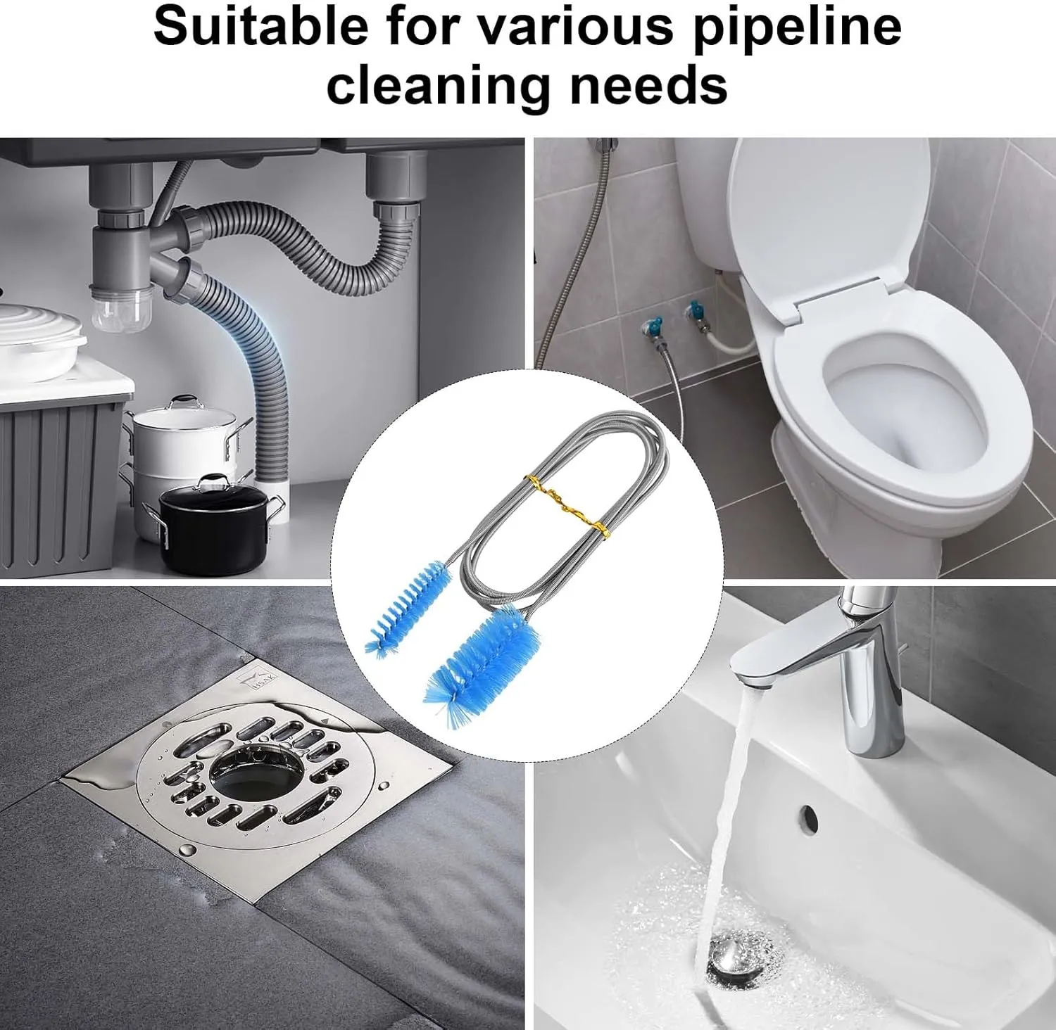 155cm Limpiador de Tuberías Largo, Cepillo de Limpieza Flexible de Nailon y Acero Inoxidable, Cepillo de Limpieza de Tubo Flexib