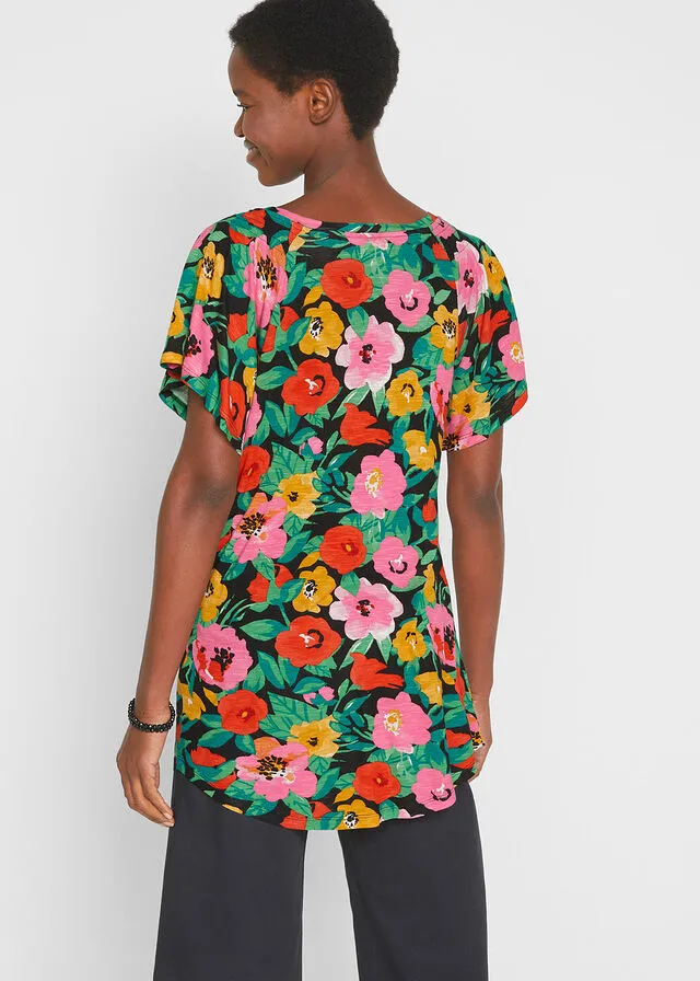 Green Opal Floral Batwing Sleeve Slub Tee