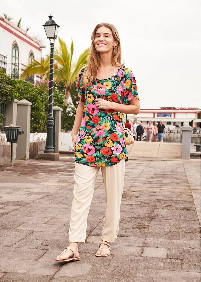 Green Opal Floral Batwing Sleeve Slub Tee