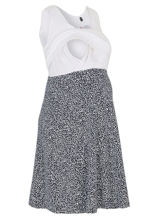Navy Blue and White Floral Maternity/Nursing Knit Dress